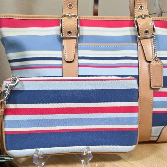 Coach RARE Vintage Striped Canvas Tote and Wristlet Set - Picture 2 of 16